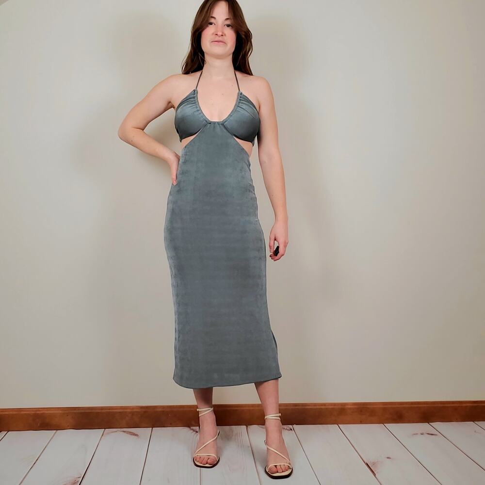 Alice Elle Cutout Halter Midi Dress Metallic Teal Small